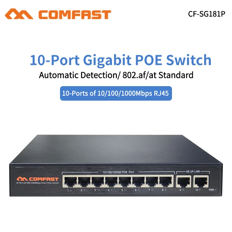 Comfast 10 Порты и разъёмы 10/100/1000 Мбит/с RJ45 Gigabit предприятия уровня коммутатор питания через ethernet 802.af/ на автоматическое обнаружение Мощность переключатель питания по сети Ethernet