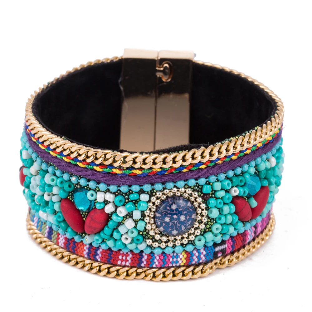

AMOURJOUX 2017 Ethnic Handmade Green Beads Magnet Charm Bracelet Female Beautiful Bohemia Bracelets For Women Jewelry