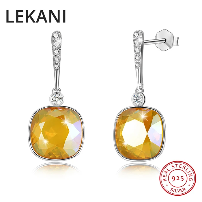 Модные квадратные висячие серьги LEKANI с кристаллами Swarovski, женские свадебные подарки, настоящее Серебро S925 пробы, повседневные аксессуары, хорошее ювелирное изделие - Цвет камня: Цвет: желтый
