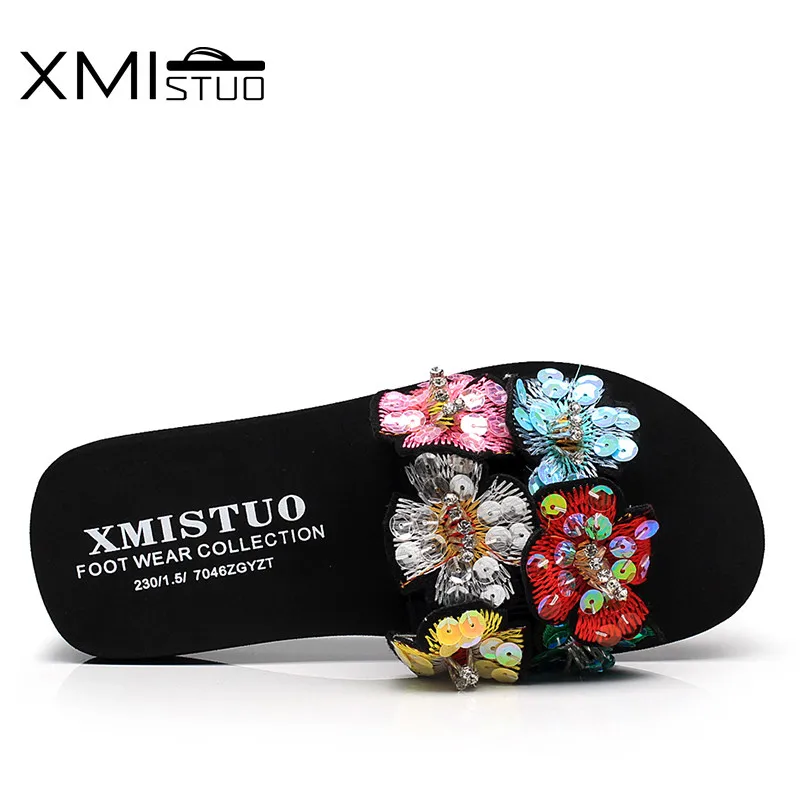 XMISTUO/летние сандалии; шлепанцы для женщин; модные сандалии с цветочным верхом; пляжные резиновые сандалии на низком каблуке 3 см; шлепанцы без задника; коллекция 7188 года