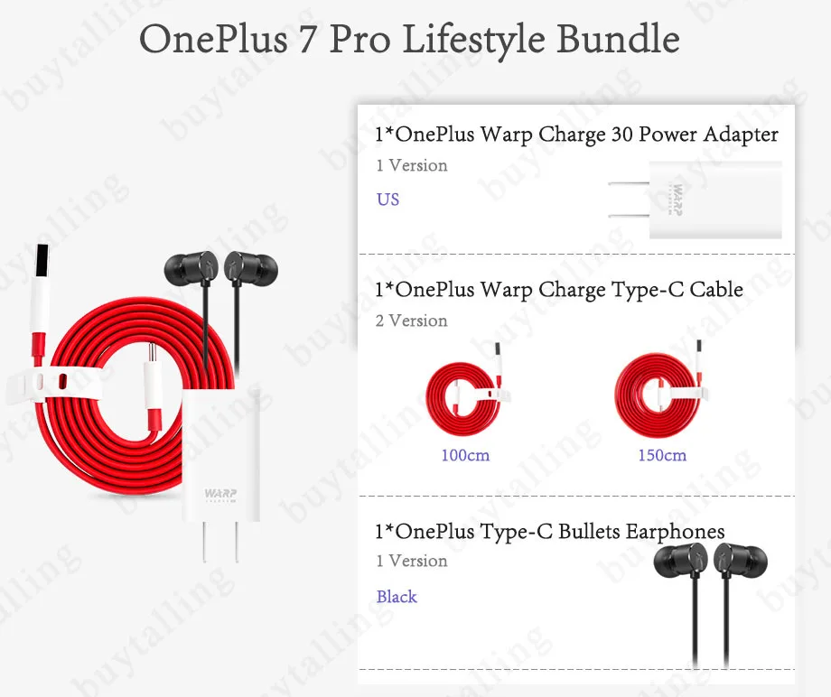 OnePlus 7 Pro Lifestyle bundle NA OnePlus type-C наушники-пули x1 Warp Charge 30 адаптер питания x1 Warp Charge type-C Cablex1