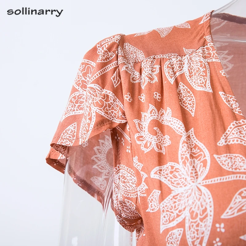 Sollinarry оранжевый цветочным принтом основы мини-платье Для женщин глубоким
