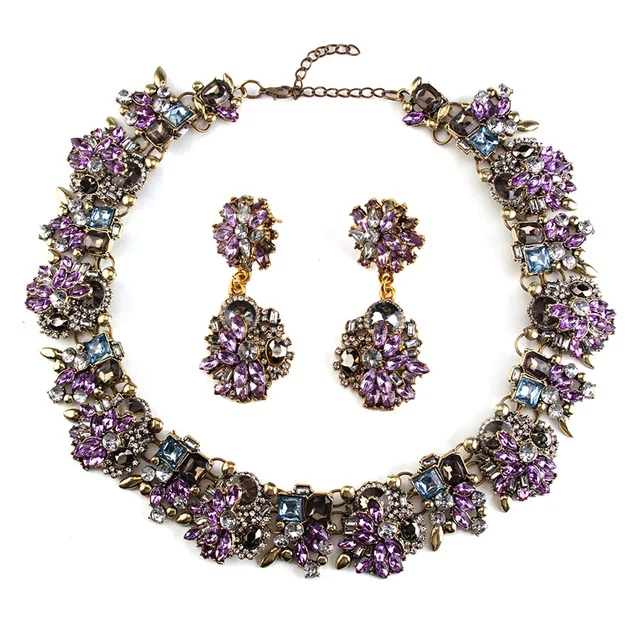 purple Dvacaman Роскошные Femme Bijoux Кристалл цветок Индийская Свадьба Ювелирные наборы для женщин себе ожерелье и серьги аксессуары A31 - Окраска металла: purple