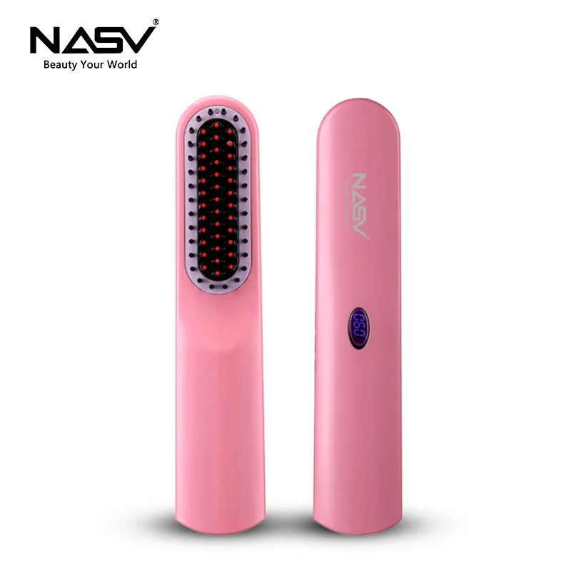 Профессиональный Выпрямитель для волос, щетка NASV, мини-утюжок, USB Перезаряжаемый, Портативные Инструменты для укладки волос, расческа для выпрямления волос - Цвет: Розовый