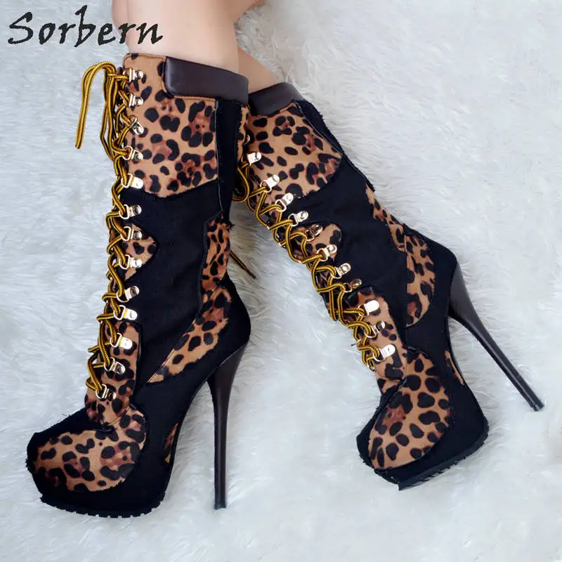Леопардовые сапоги женские до середины икры на платформе и высоком каблуке с