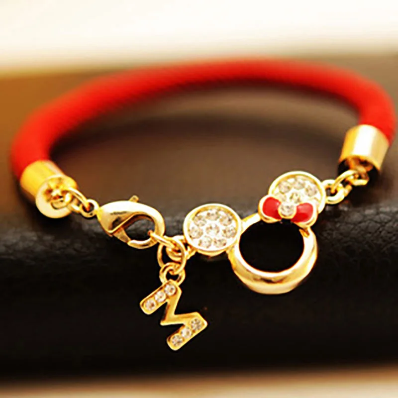 Red Mickey Новое поступление черный лук Микки Маус Глава Красный нитяные Браслеты Lucky Red нитки для женщин Jewelry пирсинг браслет - Окраска металла: Red Mickey