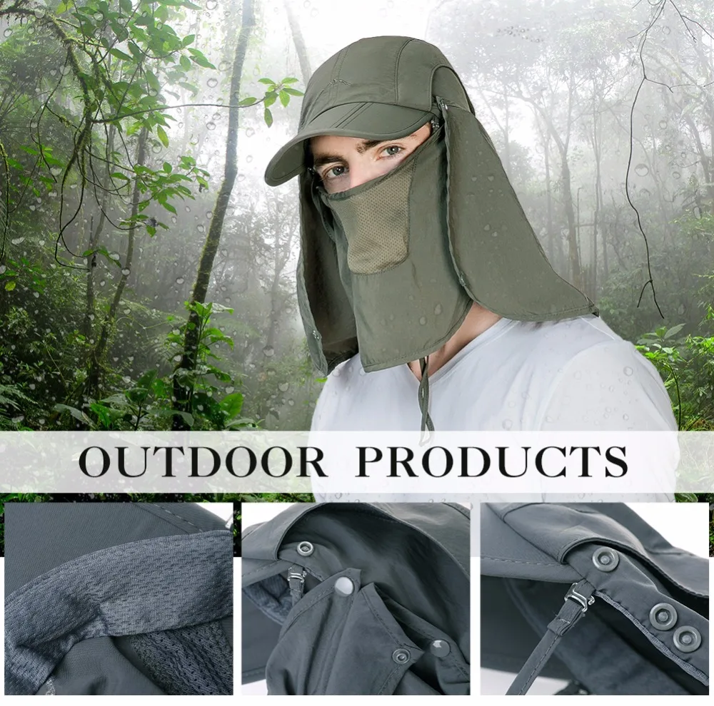 

FANCET Unisex Outdoors Climbing Sun Hats Windproof Chin Cord Straps Detachable Mask Soft Breathable Nylon Farming Caps 99744