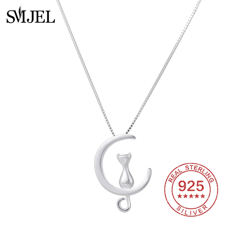 SMJEL Кошка Луна ожерелье с подвеской Серебряная звено цепи 925 стерлингового серебра ожерелье Счастливые ювелирные изделия для женщин подарок