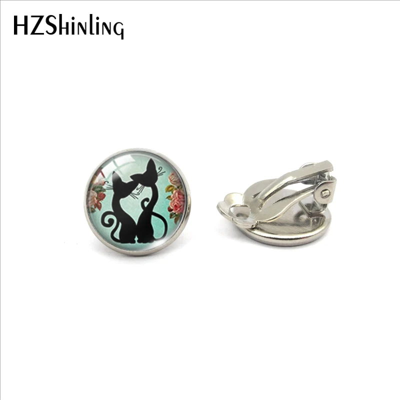 Маленькая кошка под зонтиком стеклянный кабошон серьги-клипсы милый котенок и