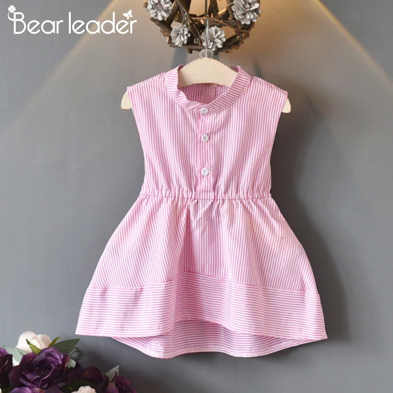 Bear Leader Girls Clothes 2020 New Summer Dresses Preppy Style Sleeveless Asymmetry Striped Dress Bow Princess 3-7Y | Детская одежда и
