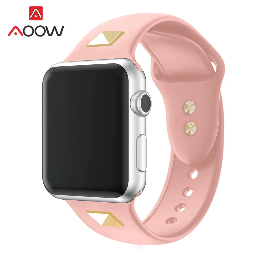 Pink 38mm40mm Силиконовый ремешок для часов Apple Watch 40 мм 44 мм 38 мм 42 мм с заклепками Модный Резиновый сменный ремешок для iWatch 1 2 3 4 - Цвет ремешка: Pink 38mm40mm