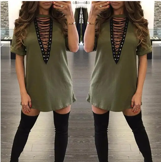 Женское платье футболка с глубоким V образным вырезом на шнуровке|dress vestidos|shirt dresst