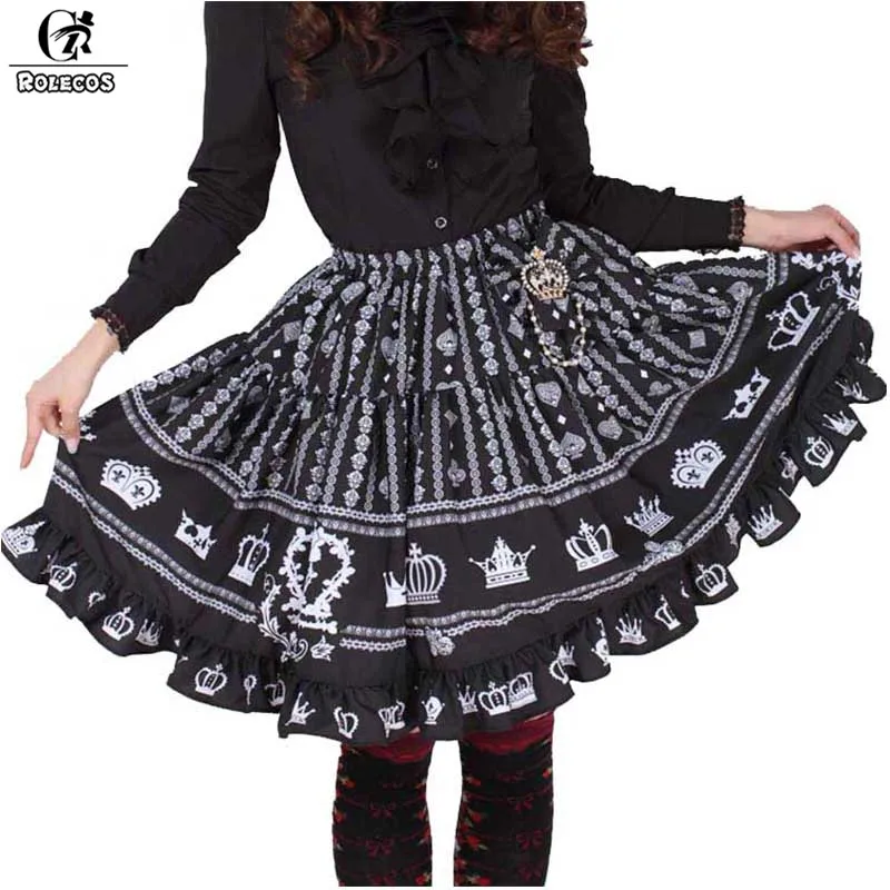 ROLECOS 2018 винтажная юбка в Стиле Лолита Женская черная с принтом короны для женщин