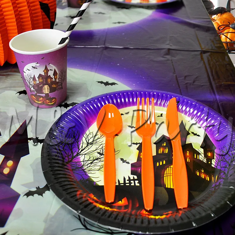 61pcs/lot Castle Print Halloween Theme Party Tablewear Set Disposable Straws Cup Tablecloth Supplies Decorations | Дом и сад