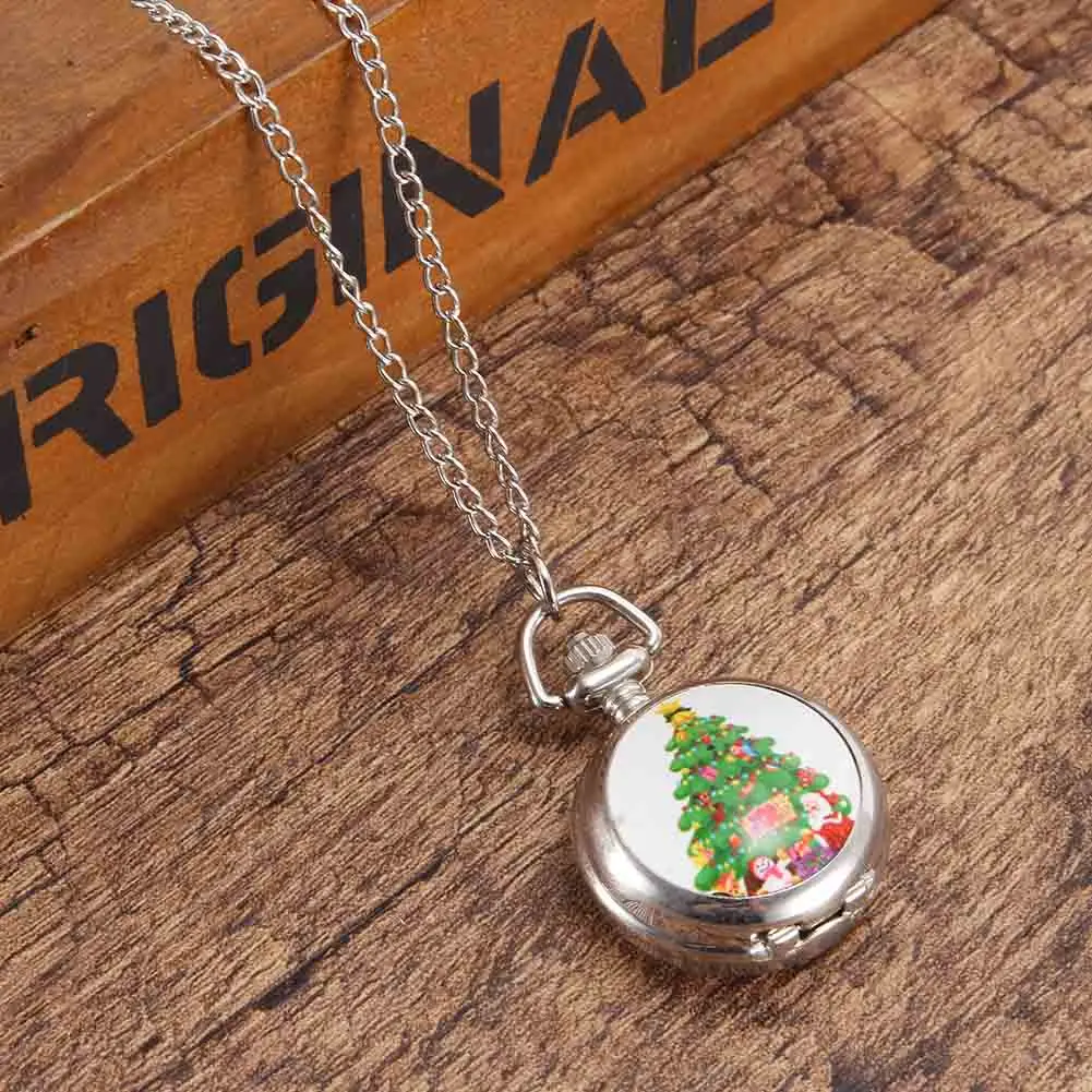 

Vintage Pocket Watch Quartz Watch Cool Chain Colored Christmas Tree Pattern Cover Watches LXH
