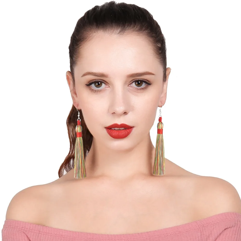 LOVBEAFAS Boho Висячие женские серьги с длинной бахромой висячие серьги шелковая ткань веревка обертывание этнические винтажные модные ювелирные изделия