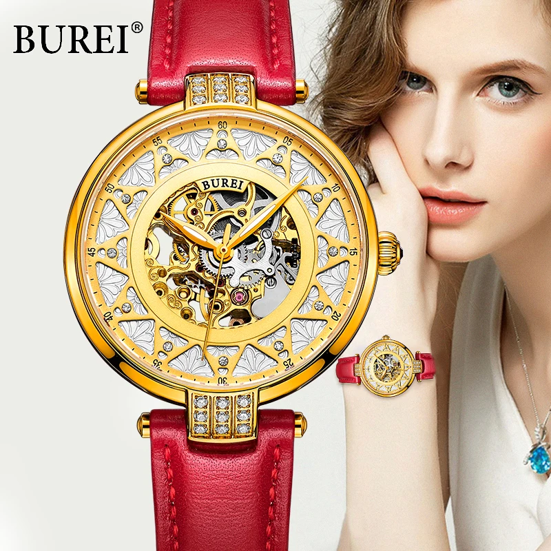 BUREI женской моды сапфир платье часы роскошные скелет из натуральной кожи