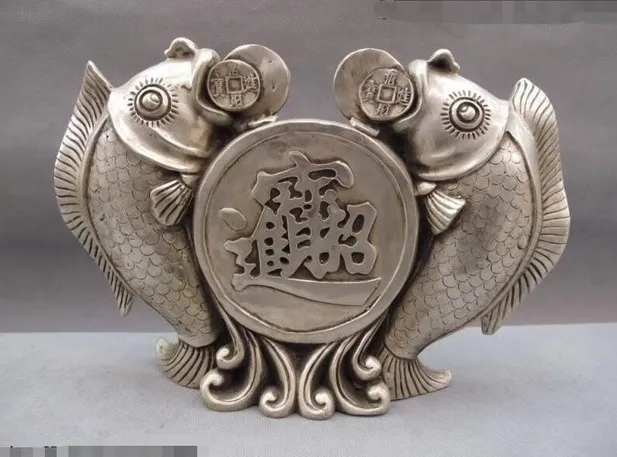 YM 312 China White Copper Silver Lucky Feng Shui Coin Money wealth Two carp Fish Statue | Дом и сад