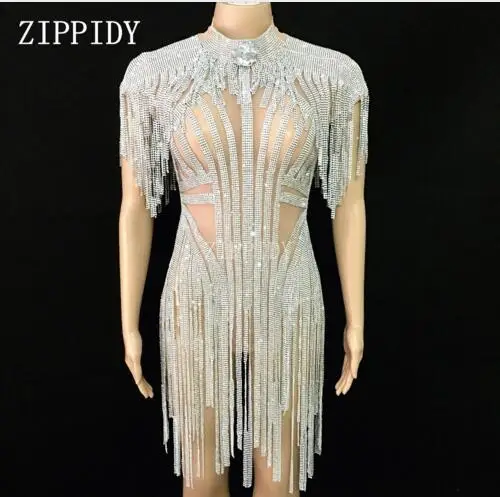 Fashion Sparkly Silver Tassel Jumpsuits Women Birthday Celebrate Costume Female Singer  Bodysuit Performance Dance Wear