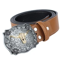 rodeo bull head arabesque cowboy belt leather strap for men women black buckle jeans casual business belt