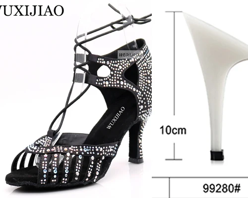 black heel 10cm WUXIJIAO Новые бежевые и черные атласные Сальса Обувь для танцев мягкая подошва Латинской кизомба Танго бальных танцевальные туфли, каблук 6/7. 5/8. 5/10 см - Цвет: black heel 10cm