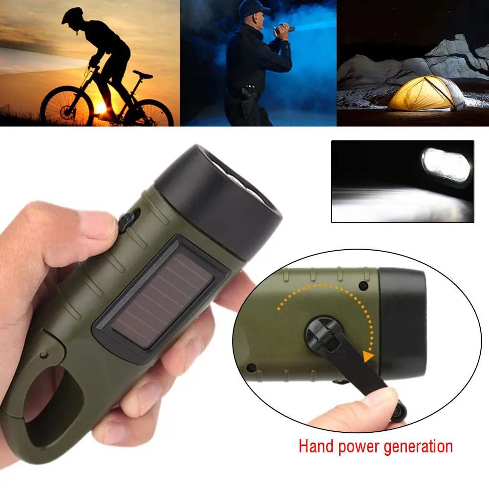 

Outdoor Tool Hand Crank Dynamo Solar Powered Rechargeable LED Camping Emergency Flashlight Torch Night Cycling Self Defense