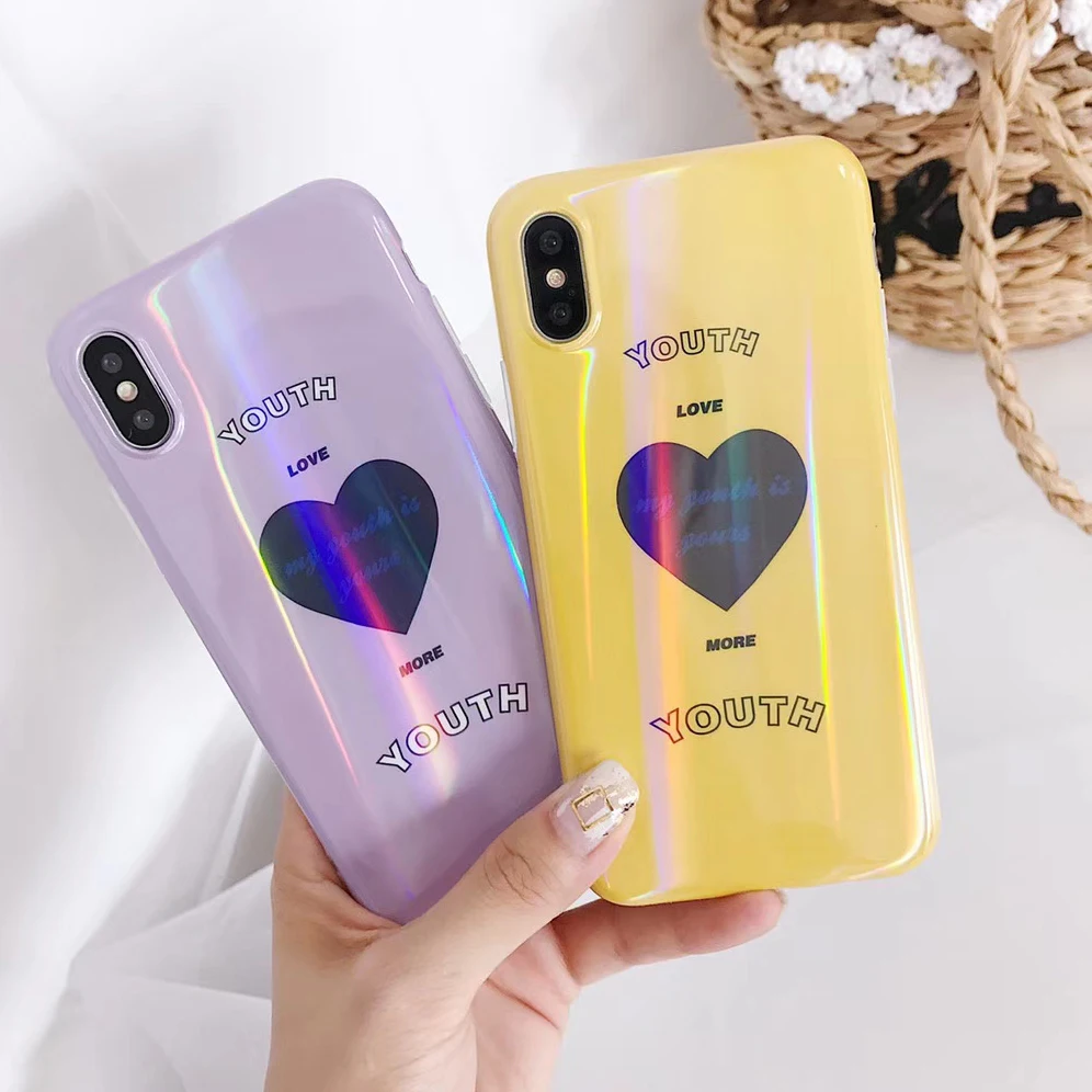 Чехол для телефона с голубым лучом лазером любовным сердцем IPhone X XR XS Max блестящий