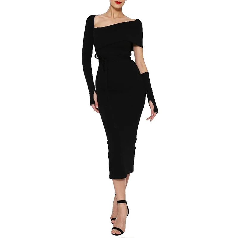 Женское облегающее платье Beateen однотонное черное с асимметричным вырезом
