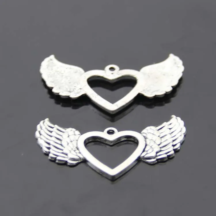 

Free Shipping LY GF gift heart wings charm pendant 8pcs 48*30mm antique silver fit bracelet necklace diy metal jewelry making