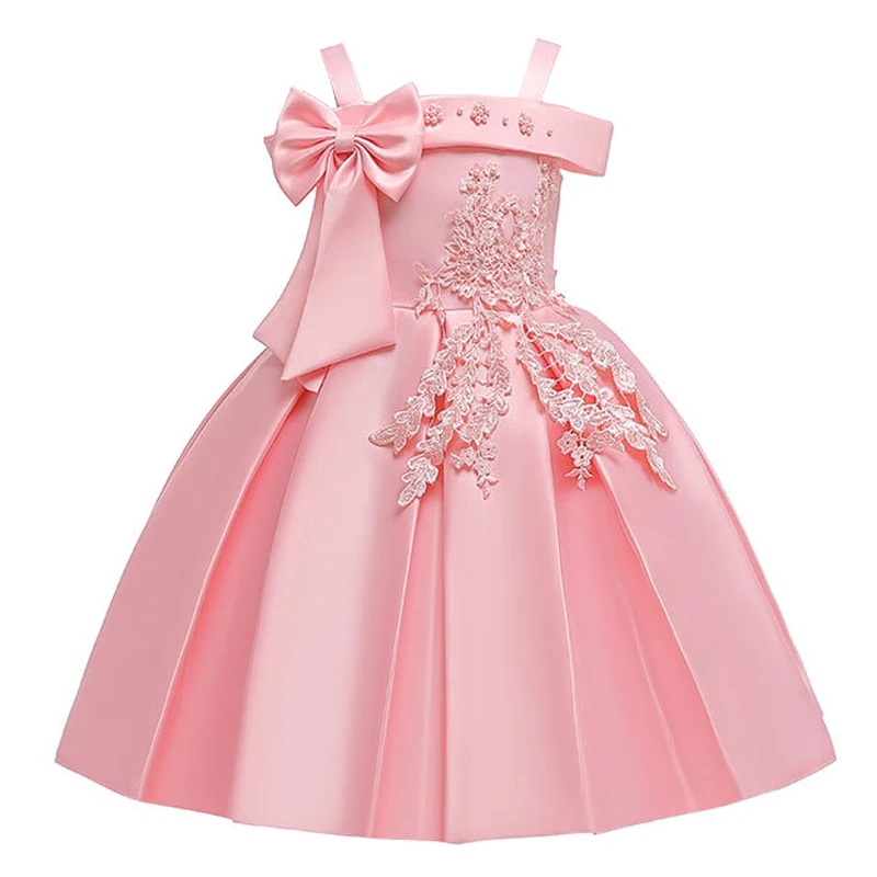 Elegant One word shoulder children's dress summer girl party princess big bow lace kids baby wedding flower clothes | Детская одежда