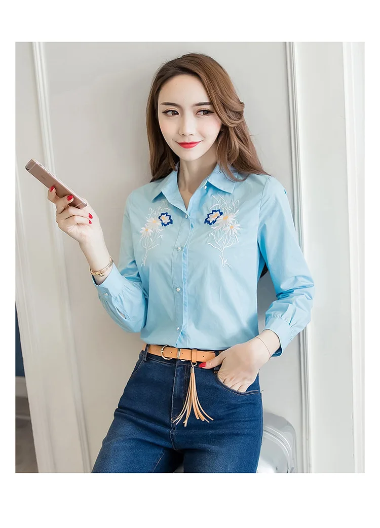 Green Field New Arrival Spring 2017 Korean Women's Cute Embroidery Long Sleeved Turn Down Collar Sky Blue Blouse Shirt 3019 |