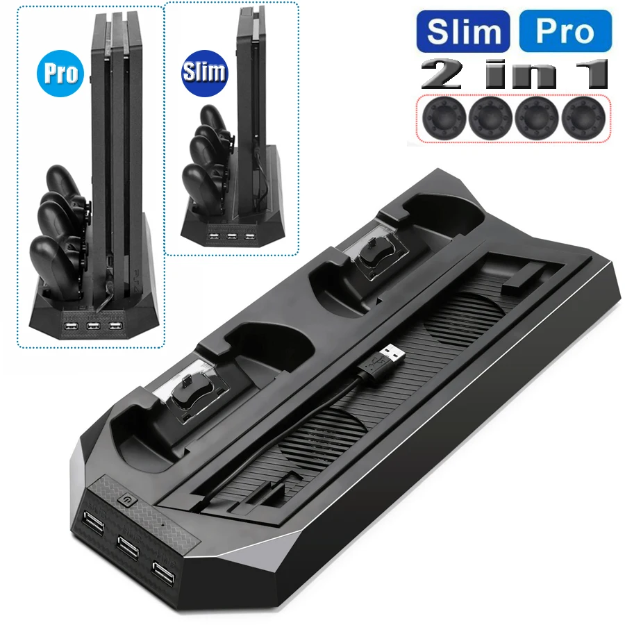 Вертикальная охлаждающая подставка для PS4 Slim/PRO 2 в 1 с двойной зарядной станцией