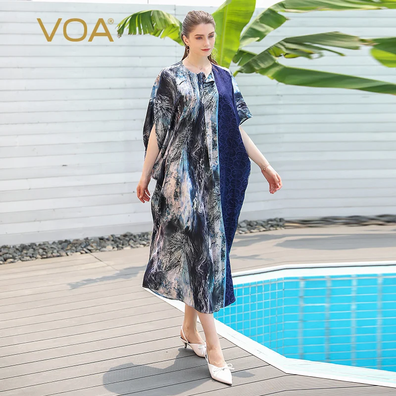 VOA Silk Robe Stain Muslim Dresses Women Clothes Casual Loose Plus Size Long Dress Printed Bat Sleeve Abaya Dubai Kaftan A701 |