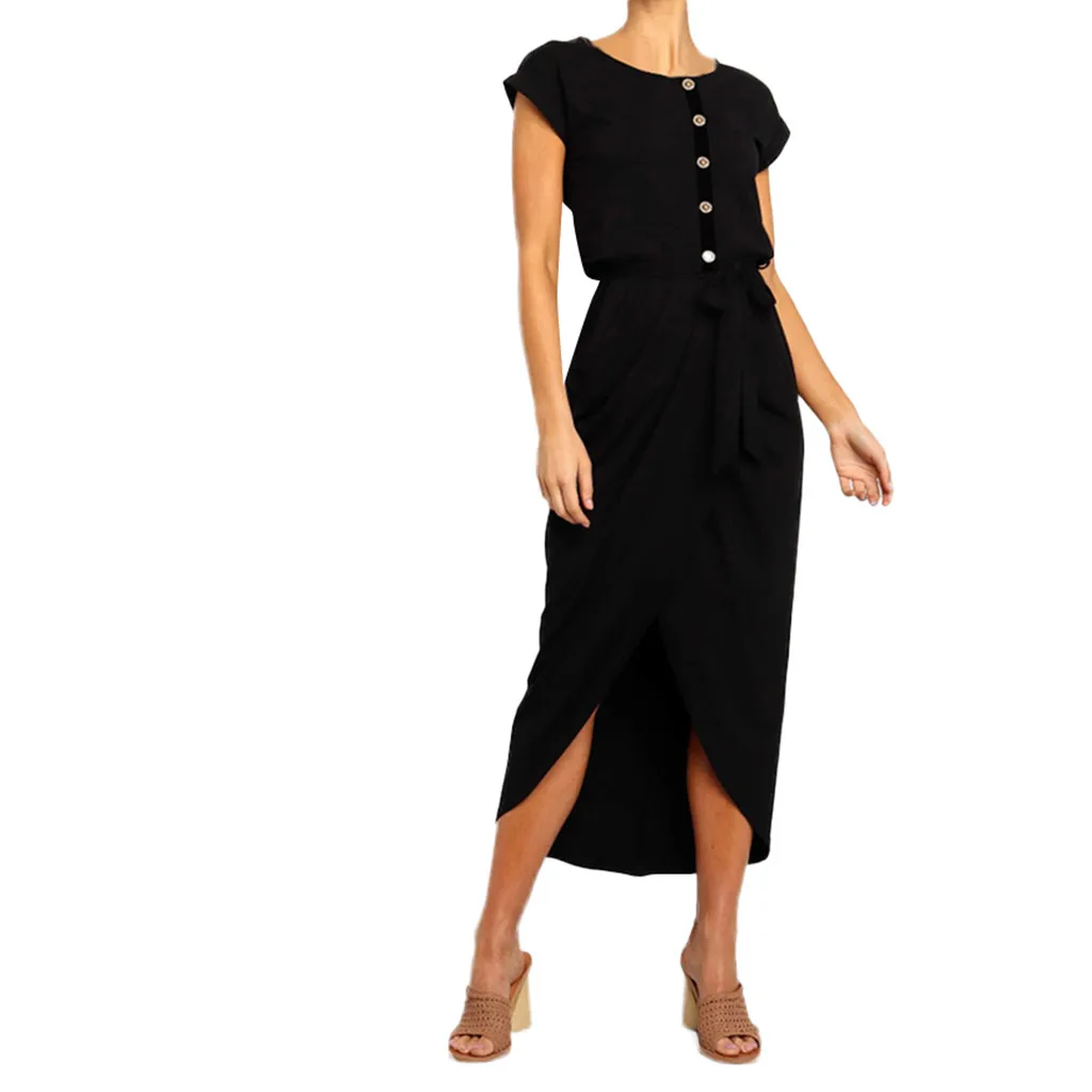 Женское летнее офисное платье рубашка на пуговицах с круглым вырезом и коротким