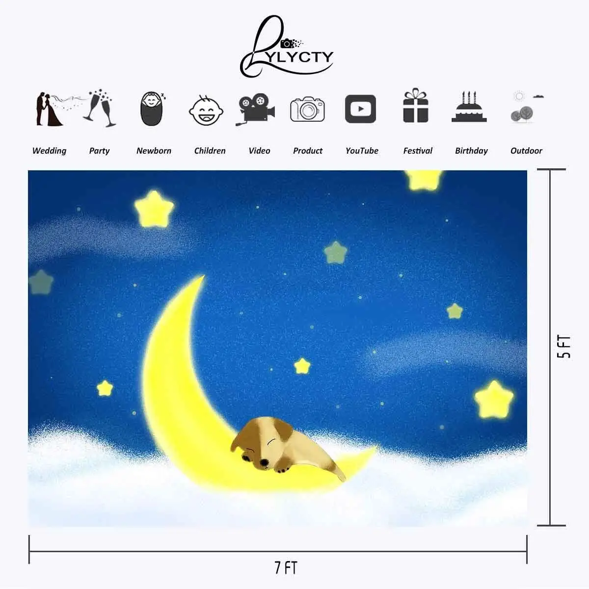 7x5ft мультфильм сказочный фон синий Полночь желтый луна и звезды Спящая собака