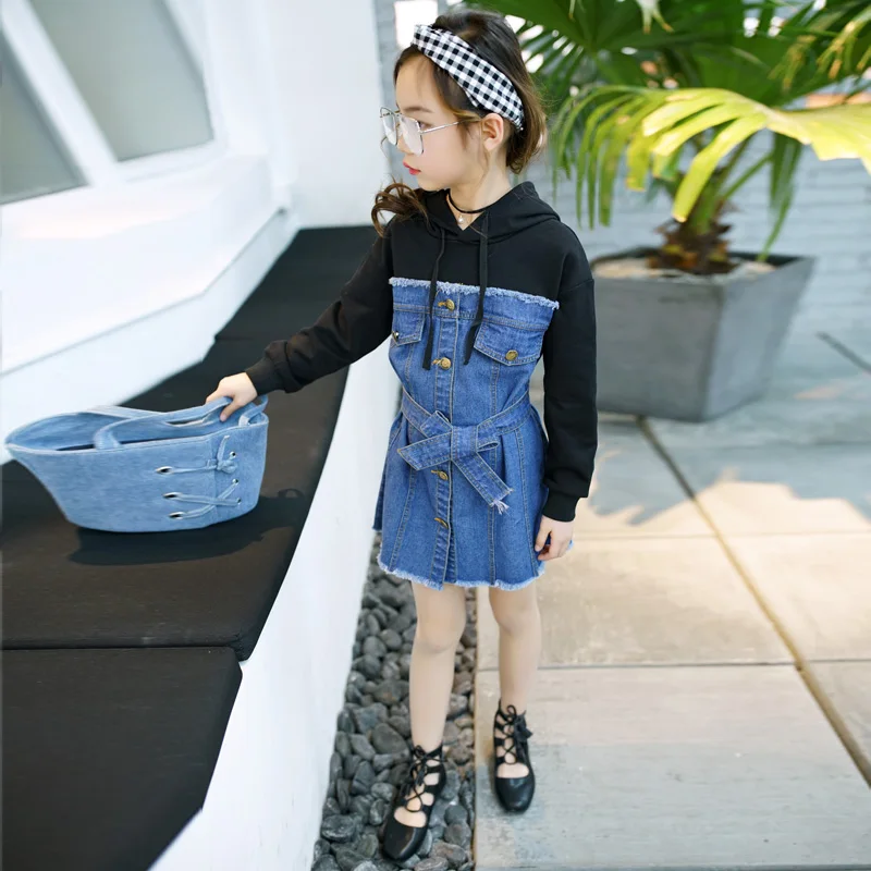 Little Girls Denim Dresses Autumn 2018 New Kids Long Sleeve Hooded Dress Toddler Jeans Clothes Blue | Детская одежда и обувь