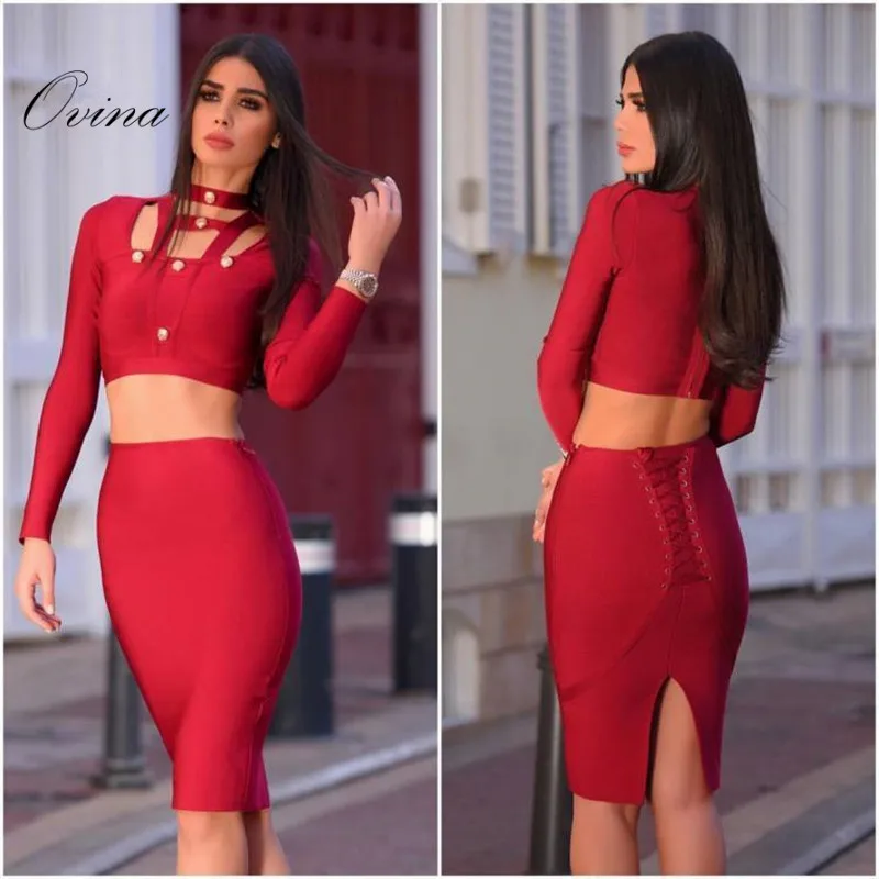 

Red Long Sleeve Button Short Top Lace Up Splitted Back Skirt 2 Pieces Bandage Women Sets