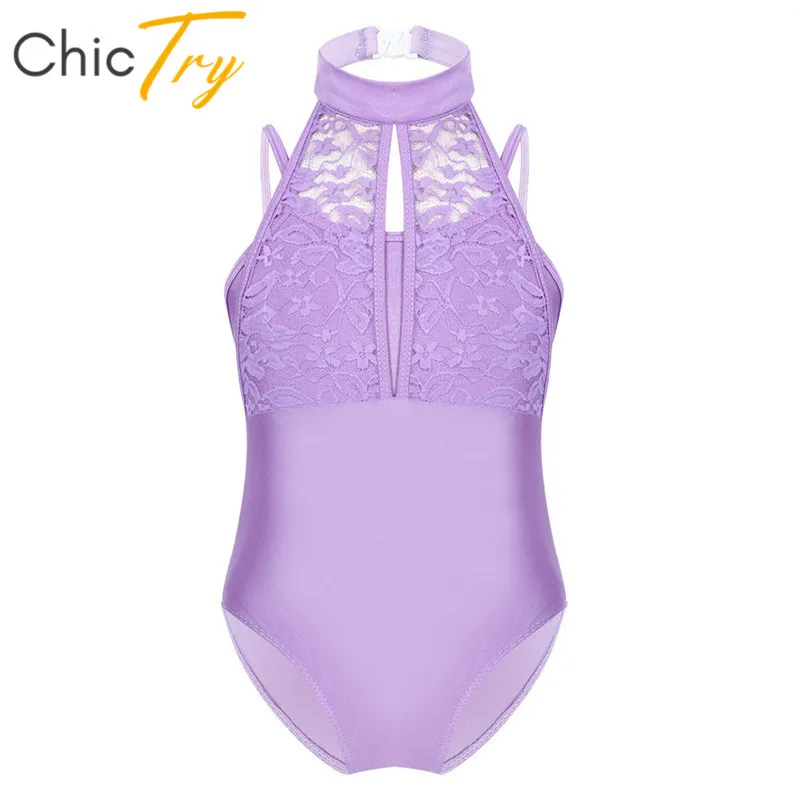 

ChicTry Kids Spaghetti Straps Turtle Neck Lace Overlay Dancewear Children Gymnastics Leotard for Girls Tutu Ballet Dance Costume