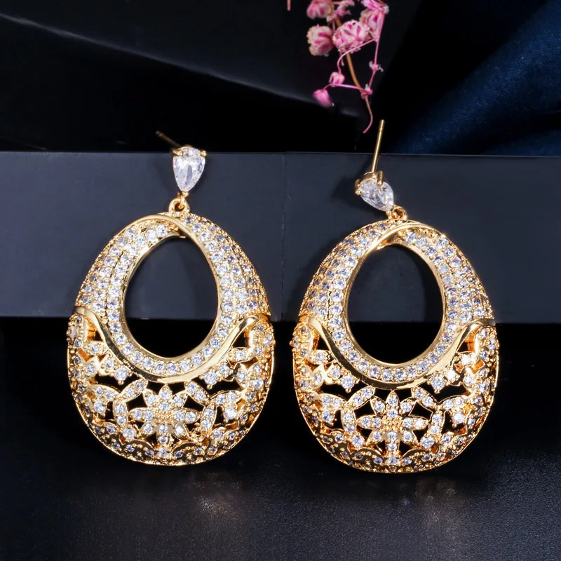 

Bilincolor fashion Exquisite Dubai jewelry luxury Golden oval tiny cz pave setting Drop earring for women