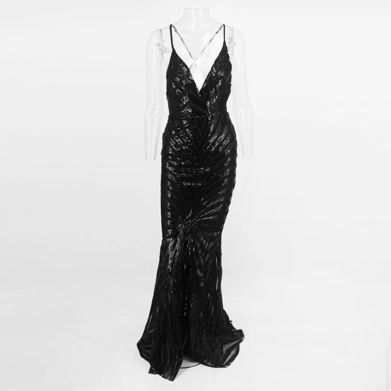 New Sexy Deep V Neck Sequin Cross Strap Sleeveless Vestidos Summer Fashion Gold Solid Backless High Split Long Club Party Dress | Женская