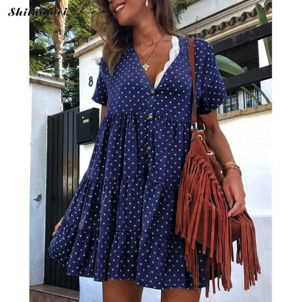 navy blue Женское летнее платье больших размеров, хлопковое платье в горошек, Пляжное платье с v-образным вырезом и рюшами, богемный Свободный Повседневный сарафан, Сексуальное мини платье, подарок - Цвет: navy blue