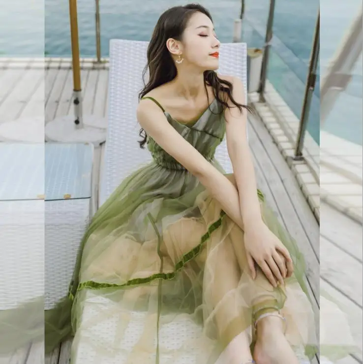 Сексуальное Сетчатое длинное платье на бретельках с V образным вырезом