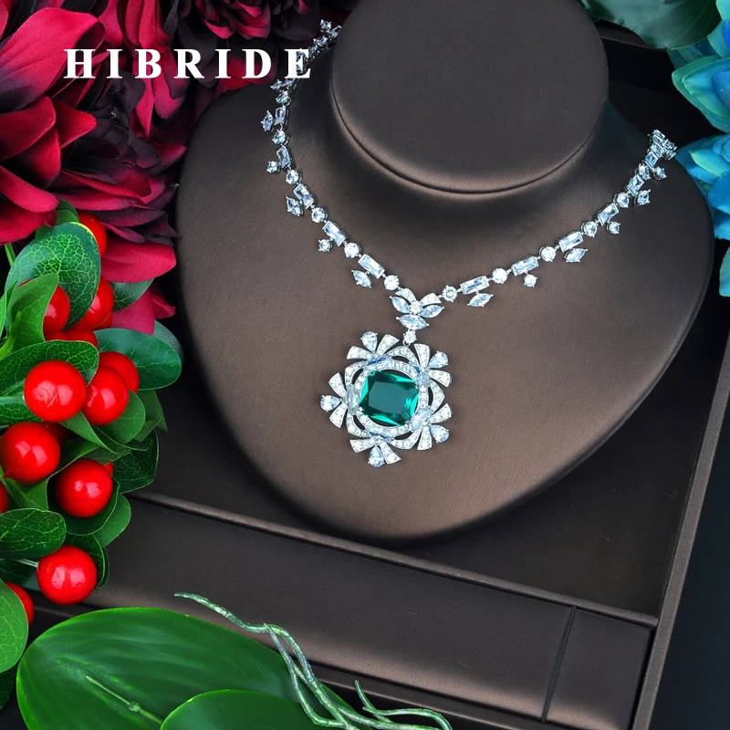 

HIBRIDE Luxury Brilliant Square Green Stone Pendant Fot Women Sweater Jewelry White Gold Color Necklace N-710