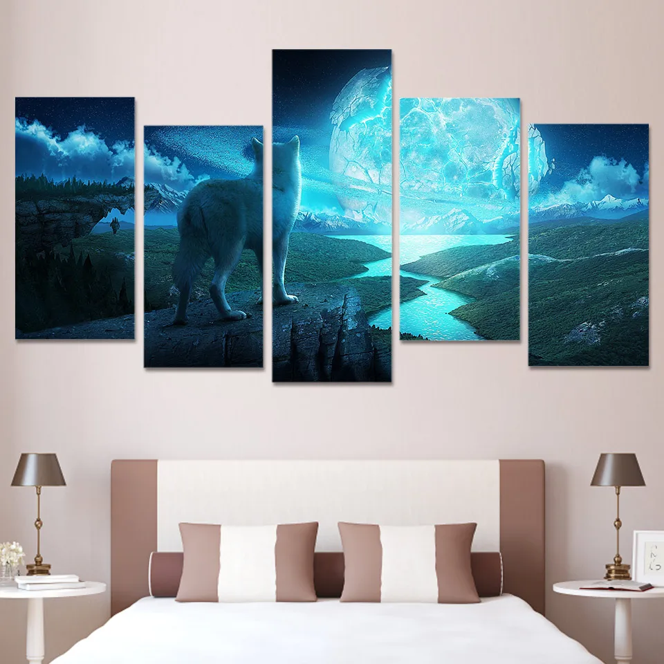 

Canvas Wall Art Pictures HD Prints Modular Living Room Decor 5 Piece The Wolf And The Planet Paintings Framework Animal Posters