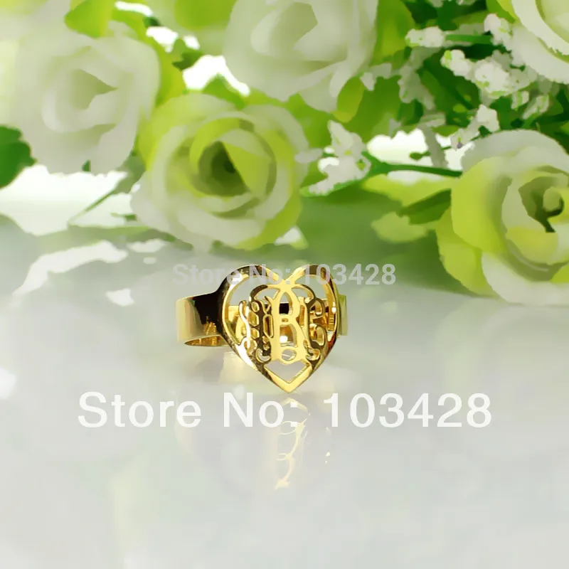 AILIN Monogram Ring Personal 3 Cut Script Hand Initials In Heart Customized Monogrammed Gold Color Rings 0.59 | Украшения и
