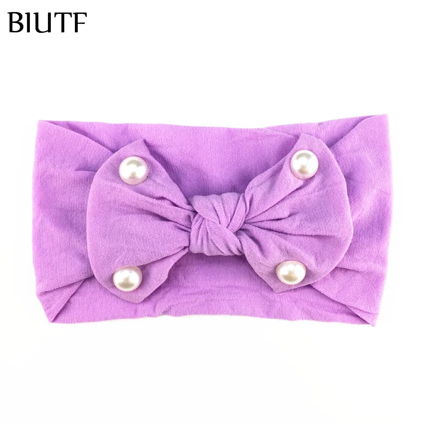 20pcs/lot Handmade Soft Nylon Elastic Headband Bow Knotted Solid Color Hairband with Pearl Princess Headwear HB085 | Аксессуары для