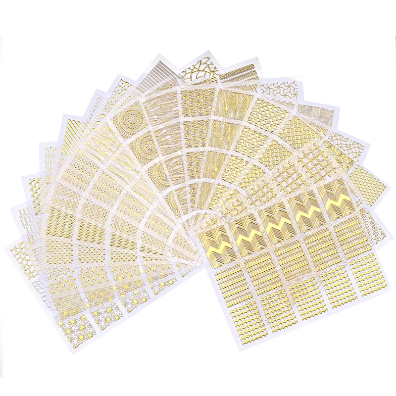 Золотой 3D стикер для ногтей геометрический узор Сердце Звезда полоски волна