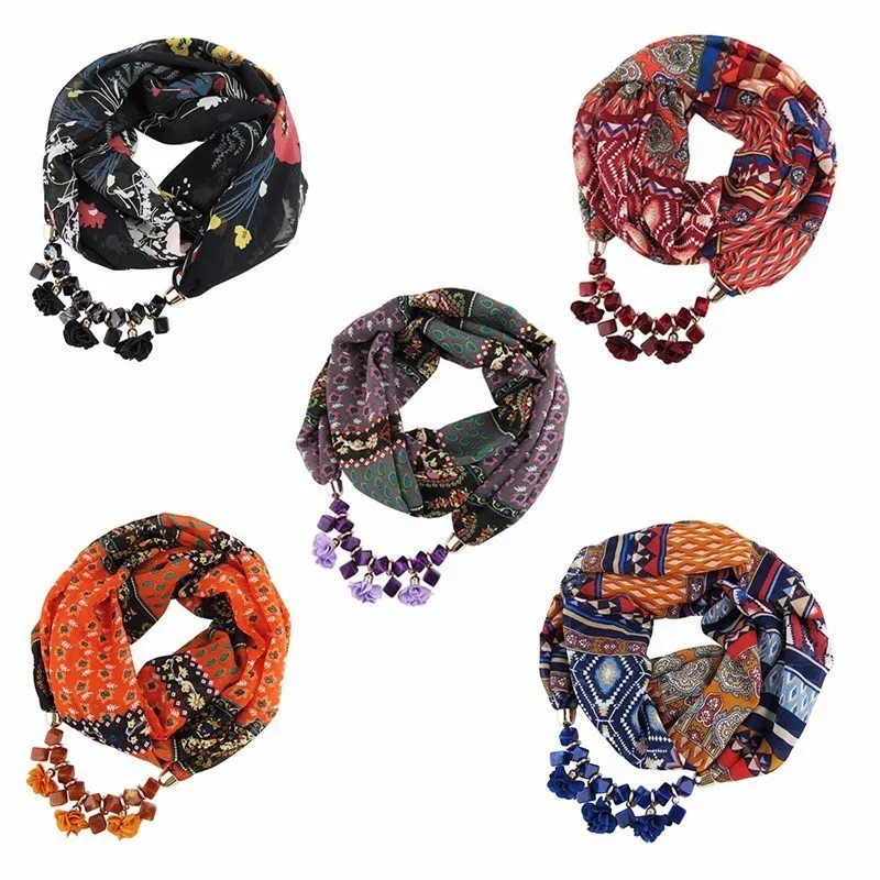 Женское колье с геометрическими бусинами шифоновое ожерелье цветочным принтом