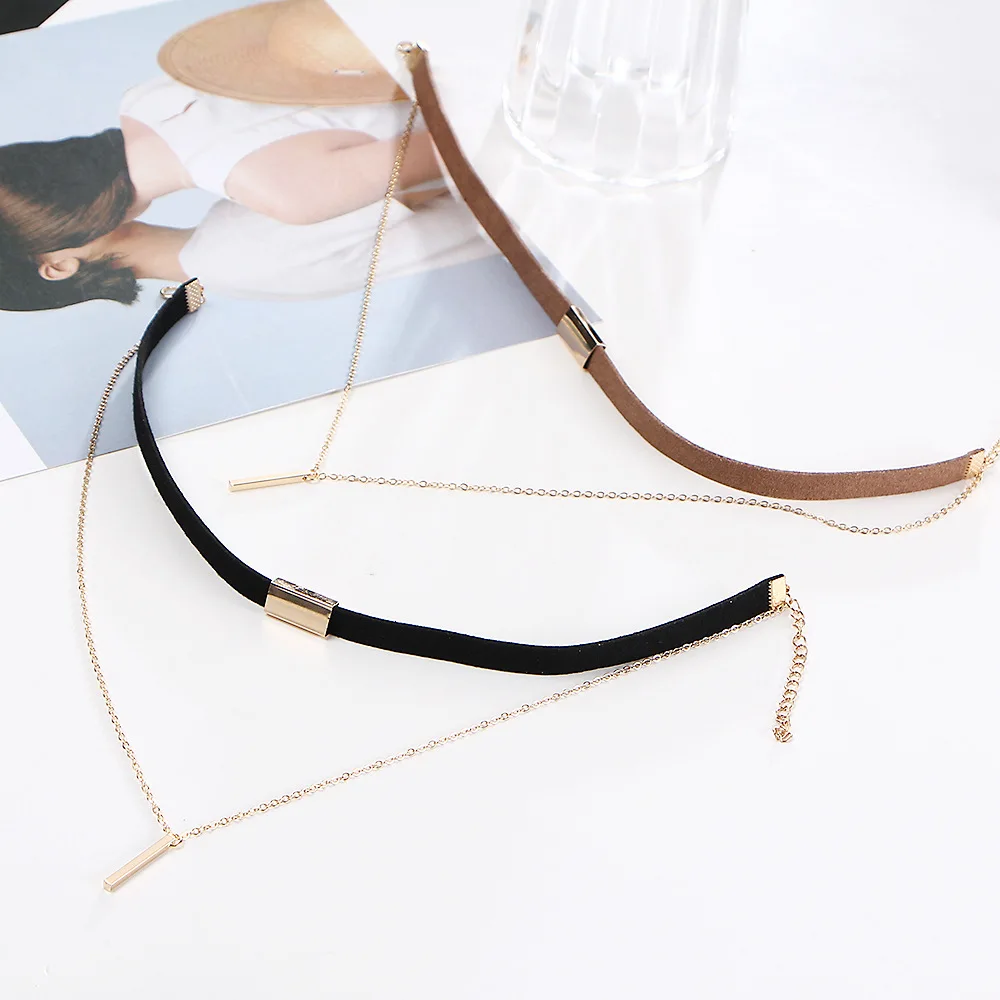 Черные кожаные бархатные Чокеры для женщин Двойная Цепочка подвески кисточка