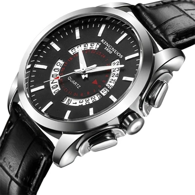 Black and black Relogio Masculino KINGNUOS Брендовые мужские часы из нержавеющей стали водонепроницаемые кварцевые часы деловые кожаные Наручные часы с календарем - Цвет: Black and black